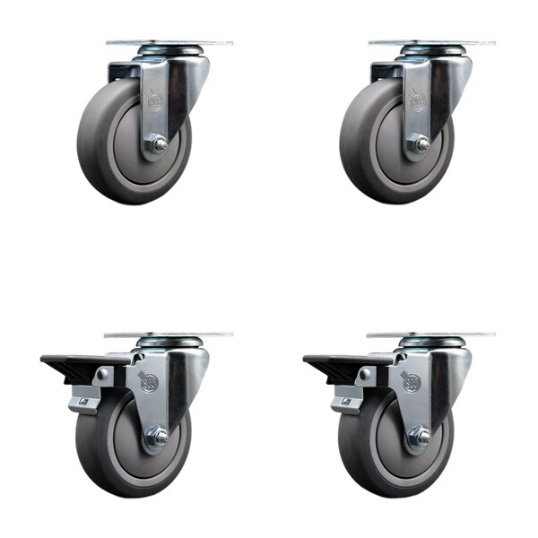 4'' Thermo Rubber Wheel Swivel Top Plate Caster Set with 2 Posi Brakes, 4PK